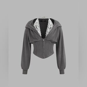 Rib Lace Halter Contrasting Binding Hoodie